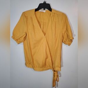 Womens gold size medium puff elastic sleeves lucky brand blouse with tie.